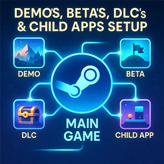 Steam setup for demos, betas, DLCs, and child app configurations